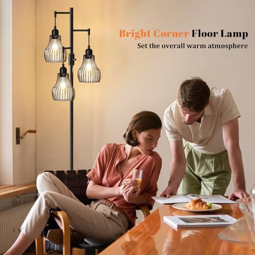Ziisee Dimmable Floor Lamp, 3 x 800LM LED Edison Bulbs Included, Farmhouse Industrial Floor Lamp Standing Tree Lamp with Elegant Cage Tall Lamps for Living Room Bedroom Office - Black - color: A-Matte Black
