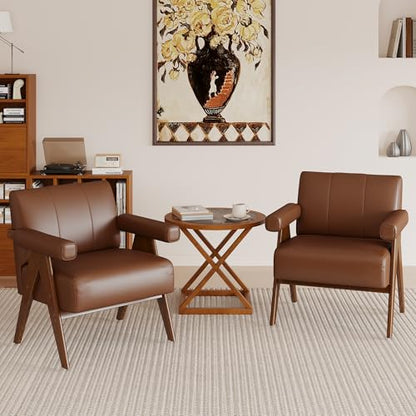 JIASTING Mid Century Modern Accent Chair Set of 2, Brown Leather Armchair | JIASTING, Small, Comfy, Wood Arms, Living Room Bedroom, Office - color: Brown