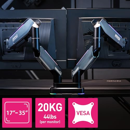 MSI MPG MT201DR V2-Premium RGB Dual Monitor Stand Arms,17-35" Support,VESA Compatible,Adjustable Heavy Duty Gas Spring Mount,44 lbs per Screen Capacity,Clamp&Grommet,Quick Release Plate-Gray - color: Gray