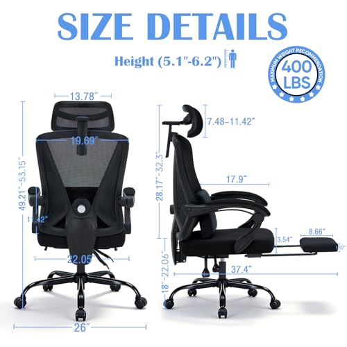 Ergonomic Office Chair with Footrest - Adjustable Lumbar Support & 3D Headrest, 90-160° Reclining Mesh High-Back Rolling Work Swivel Computer Chair-400lbs Capacity - color: Dark Black