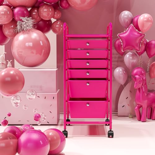 GOFLAME 6-Drawer Rolling Storage Cart, Multifunctional Art Craft Organizer, Mobile Utility Storage with Removable Drawers & Lockable Wheels, Craft Cart for Home Office, Hot Pink - color: Hot Pink, size: 6-Drawer without Wood Top