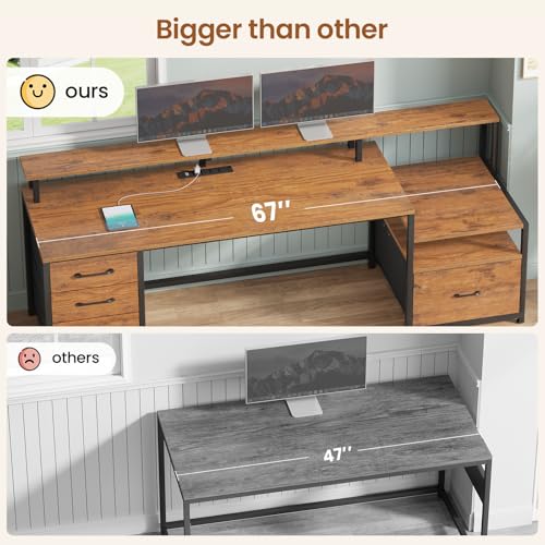 SEDETA 66'' Computer Desk with 5 Drawer, Power Outlet for Home Office - color: Rustic Brown With Led Lights, size: 67X18.5inch