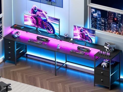 Furologee 95'' 2 Person Gaming Desk/Double Desk with LED & 6 Drawer, Black - color: Black
