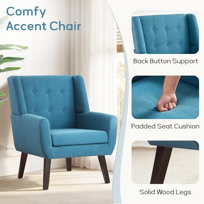 HUIMO Living Room Chairs Set of 2,Upholstered Button Linen Accent Chair | Mid Century Fabric Modern Armchair,Comfy Arm Club Sofa Chairs for Living Room Reading Bedroom,Waiting Room Lake Blue2PCS - color: Lake Blue