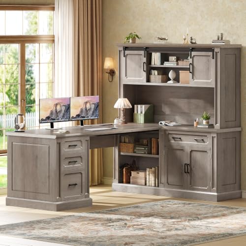 SEDETA 67" Farmhouse Executive L Shaped Desk with Hutch & Storage - color: Grey, size: 67" L Shaped Desk with Hutch