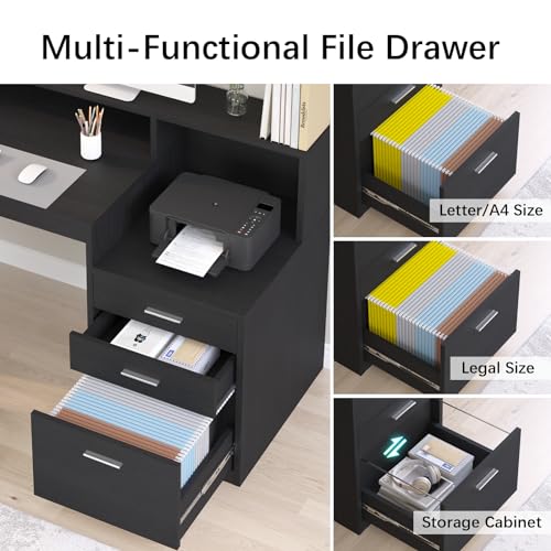 65" Black Computer Desk with 3 Drawers & Printer Shelf for Home Office | Computer Desk with Printer Shelf & File Drawer, Executive Desk Writing Study Table with Monitor Stand, Black - color: Black