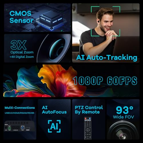 TONGVEO 3X Optical Zoom PTZ Camera AI Auto-Tracking HDMI USB 3.0 1080P 60fps Wide-Angle for Video Conference Business Meeting Live Streaming Online Learn with Zoom YouTube Teams OBS and More - color: Midnight