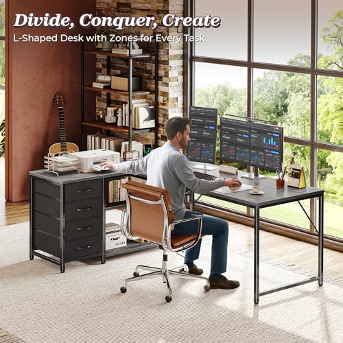 PRAISUN 61" L Shaped Desk with Power Outlets & 4 Drawers | Reversible Computer Desk with 2 Storage Shelves, Large Corner Office Desk for Gaming Writing Work Study, Grey - color: Grey, size: 61 Inch