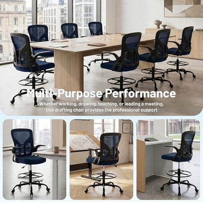 Drafting Chair for Standing Desk, Tall Office Chair with 22"-30" Seat Height &7" Lift Footrest Ring, Ergonomic Executive Mesh Computer Counter Stool with Lumbar Support &Flip-up Arms for Artist - color: Navy