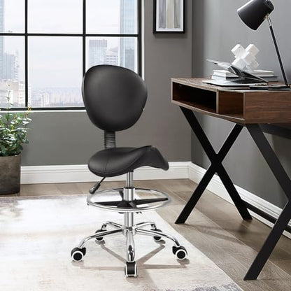 KKTONER Black Saddle Drafting Chair with Back Swivel Office Chair with Footrest Height Adjustable for Work Home Computer Task Stool Chair with Wheels