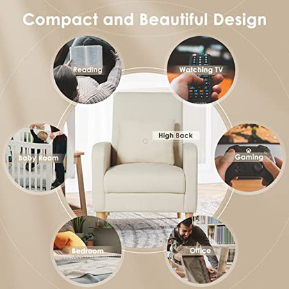 COLAMY Mid-Century Modern Accent Chair, Fabric Upholstered Living Room Chair with Back Pillow & Solid Wood Legs, Comfy Armchair for Living Room, Bedroom, Single Sofa, Beige - color: Beige, size: Set of 1