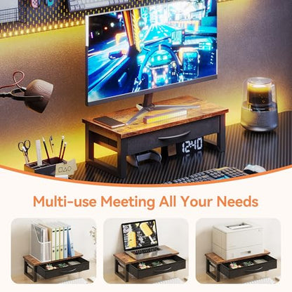 Computer Monitor Stand Riser with Drawer, 2-Tier Desk Accessories & Workspace Organizers, Laptop Stand for Desk with Storage, Office Organization, Wood