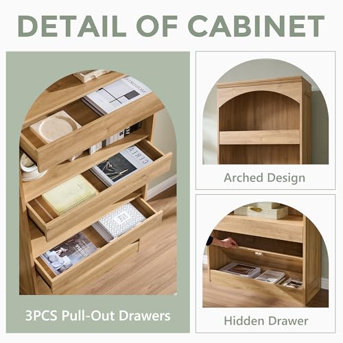 IFGET 76" Tall Arched Bookcase with 1PC Magnetic Lock Drawer, Natural | Modern Wooden Arch Bookshelf w/3 Pull-Out Drawers, Farmhouse 4 Tiers Book Shelf w/Open Shelves for Living Room, Office - color: Natural, size: With Drawers