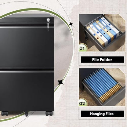 DEVAISE 2 Drawer Mobile File Cabinet, Fully Assembled - color: Black, size: 17"D x 15"W x 27"H