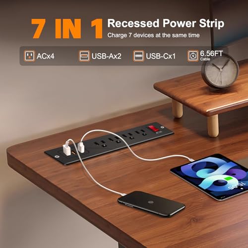 4 Outlets Recessed Power Strip with USB C 20W, Fast Charge Desktop Power Outlet Flush Mount Desk Extender 6.56 ft Extension Cord Plug in Furniture Conference Hotel - color: Black
