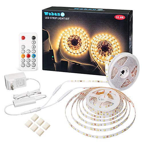WOBANE 32.8ft Warm White LED Strip Lights with Remote,Dimmable Tape Lights | Flexible,Timing,Memory Function,ETL Power Supply,600 LEDs Supper Bright for Room,Kitchen,Bed,Under Cabinet,Wardrobe,3000K - color: Warm White, size: 32.8ft RF Remote
