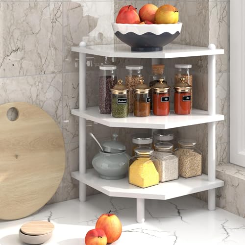 Corner Shelf Stand for Desk - 90° Corner Design to Free Up Desktop | Easy to Assemble 3-Tier Vertical Storage 15 lb Per Shelf 6.7 in Clearance for Books Coffee Mugs Supplies on Office Desks - color: White