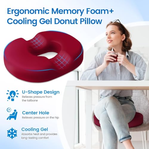 Donut Pillow Seat Cushion, Cooling Gel Memory Foam Chair Cushion, Red - color: Red, size: Large