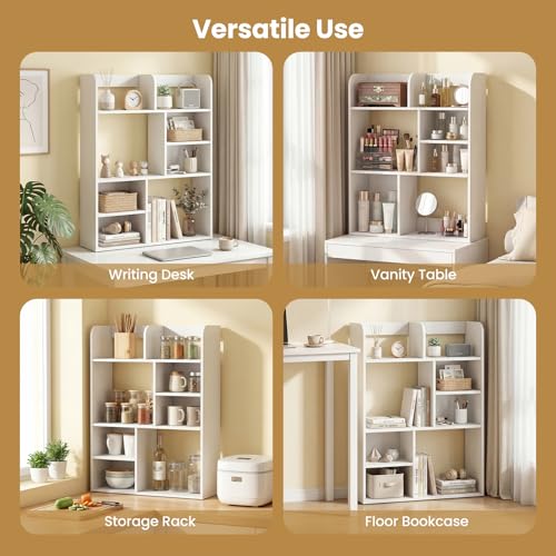 Tangkula Desktop Bookshelf, 5-Tier Desktop Display Rack with 4 Open Shelves & 4 Cubes, Modern Tabletop Bookcase Organizer for Computer Desk, Countertop Storage Hutch for Home Office Dorm (White) - size: 23.5" x 9" x 31.5"