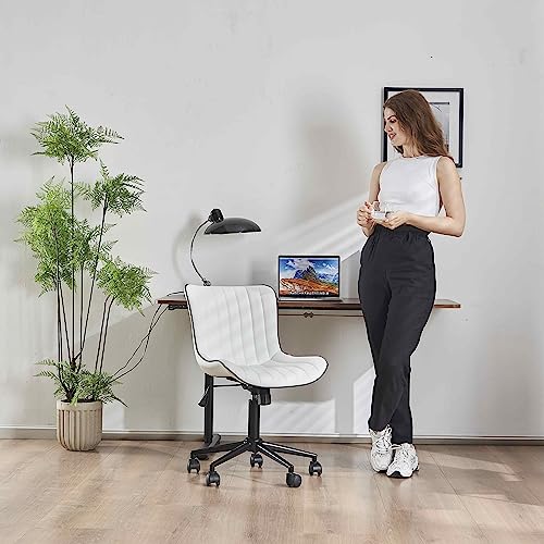 YOUNIKE Office Desk Chair with Wheels Armless Vanity Chair Modern White | Faux Leather Upholstered with Rocking Back, Swivel Height Adjustable Small Cute Computer Rolling Task Chair Ergonomic 300lb - color: White, size: Base Black