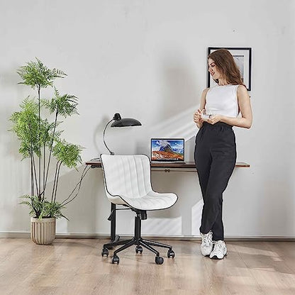 YOUNIKE Office Desk Chair with Wheels Armless Vanity Chair Modern White | Faux Leather Upholstered with Rocking Back, Swivel Height Adjustable Small Cute Computer Rolling Task Chair Ergonomic 300lb - color: White, size: Base Black