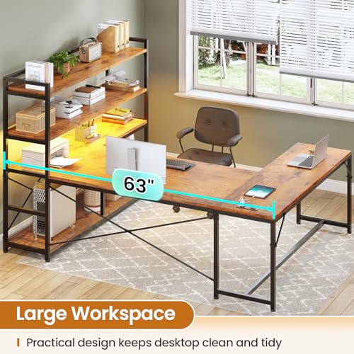 SEDETA L Shaped Desk with Storage Shelves, 63” Reversible U Shaped Office Desk, Gaming Desk with Power Outlet and LED Lights for Home Office, Rustic Brown - color: Rustic Brown