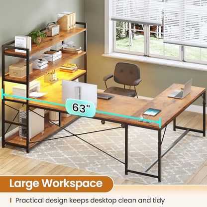 SEDETA L Shaped Desk with Storage Shelves, 63” Reversible U Shaped Office Desk, Gaming Desk with Power Outlet and LED Lights for Home Office, Rustic Brown - color: Rustic Brown