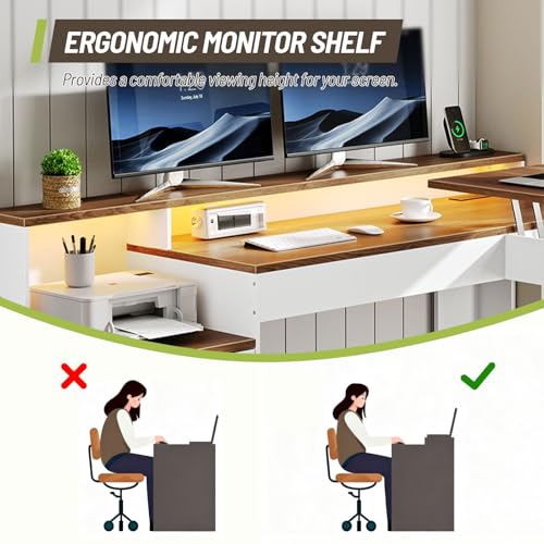 Farmhouse 63" L Shaped Standing Desk, Corner Computer Desk with Drawers, Office Desk with File Drawers with RGB Lighting & Charging Station, Monitor Stand and Storage Shelves, White and Walnut