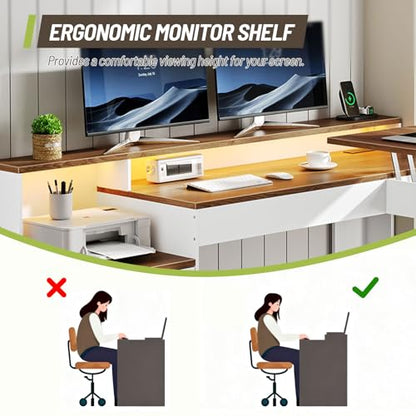 Farmhouse 63" L Shaped Standing Desk, Corner Computer Desk with Drawers, Office Desk with File Drawers with RGB Lighting & Charging Station, Monitor Stand and Storage Shelves, White and Walnut