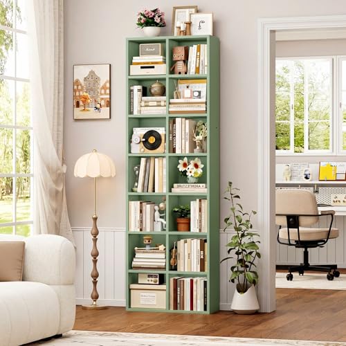 FOTOSOK Bookshelf Bookcase 7-Tier Narrow Bookshelf Tall CD Media Tower Rack - color: Green
