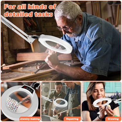 12X Magnifying Glass with Light and Stand, Real Glass Lens Desk Lamp, Lighted Magnifier with Light Stepless Dimming Hands Free for Craft, Reading, Painting, Sewing, Solder - White - color: White