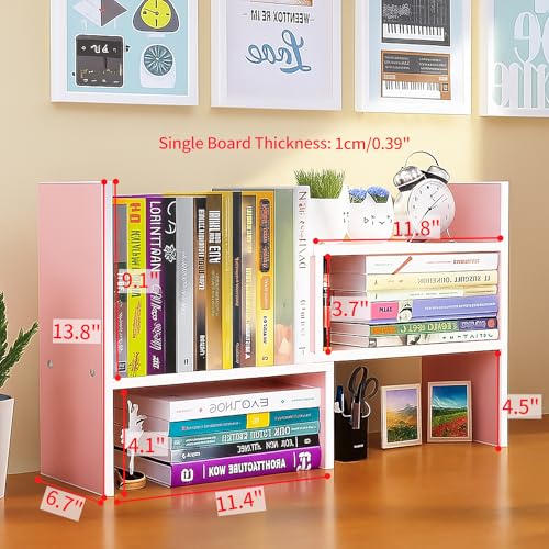 Desktop Shelf Organizer, Adjustable Wood Office Storage Rack, Counter Display Small Bookshelf for Home/Office/School(Pink) - color: Pink