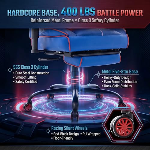 Big and Tall Gaming Office Chair 400lbs - Heavy Duty Ergonomic Computer Desk Chair with Footrest, Adjustable Armrests, High Back PU Leather with Racing Style (Blue/Red) - color: Blue/Red