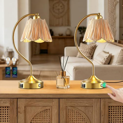 Set of 2 Boho Rattan Small Touch Table Lamps with USB C+A Ports | Bedroom Farmhouse Lamp and Retro Rattan Shade for Living Room Entryway Office, LED Bulbs Included - color: Brass