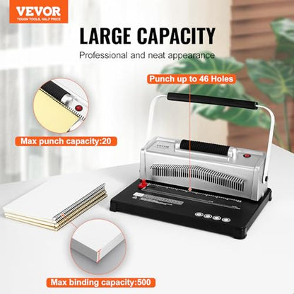 VEVOR Coil Spiral Binding Machine, Manual Book Maker with Electric Binding, 46-Holes Binding 500 Sheets Punch Binder, with 100pcs 5/16'' Coil Binding Spines, for Letter Size, A4, A5 - style: Electric Binding