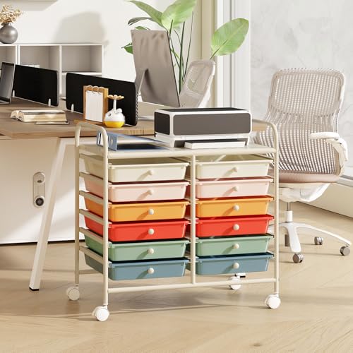 RELAX4LIFE 12-Drawer Rolling Storage Cart - Mobile Utility Cart on Wheels for School Classroom Teacher Office Salon, Paper File Art Supply Craft Organizer, Rolling Cart with Drawers (Macaron) - color: Macaron, size: 24.5''