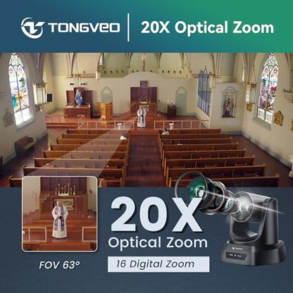 TONGVEO 4K AI PTZ Camera with Auto Tracking and 20X Optical Zoom, Conference Room Webcam with HDMI/USB3.0/LAN/PoE, Ideal for Church Worship, Zoom Meetings, Live Streaming and Education - color: Coal