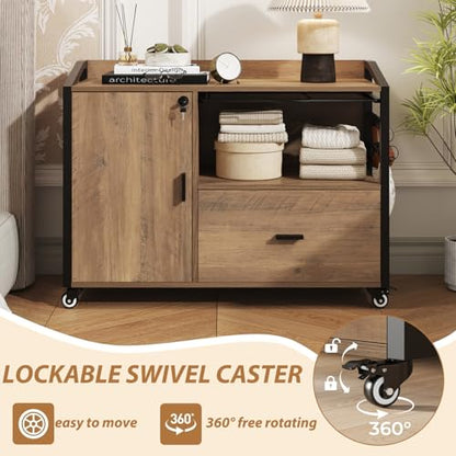 HSH Rolling File Cabinet with Lock, Mobile Lateral Filling Cabinet on Wheels, Wood Printer Stand with Storage Drawer, Modern File Cabinets Fits F4 Legal for Home Office, Rustic Oak, 33Inch - color: Rustic Oak