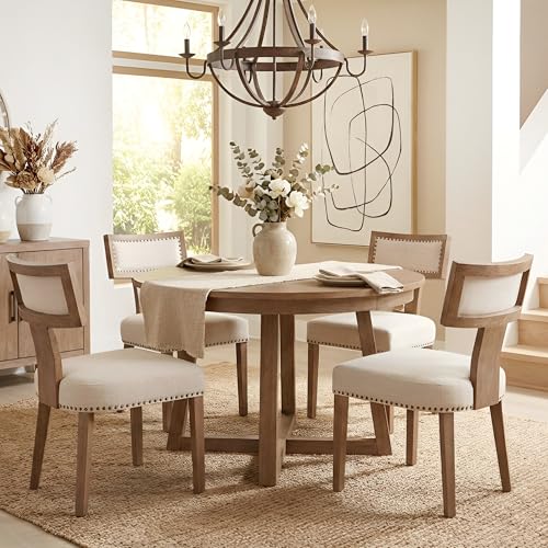 HNY Mid Century Modern Dining Chairs Set of 2, Farmhouse Linen Fabric Upholstered Accent Chairs Curved Nailhead Trim Backrest Kitchen Chairs, with Hardwood Frame, Beige - color: Beige Nailhead