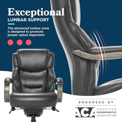 La-Z-Boy Delano Big and Tall Executive Office Chair - Ergonomic Lumbar Support Memory Foam - Bonded Leather Desk Chair for Home Office - Weathered Grey Wood Arms - Black - color: Black With Weathered Gray Wood