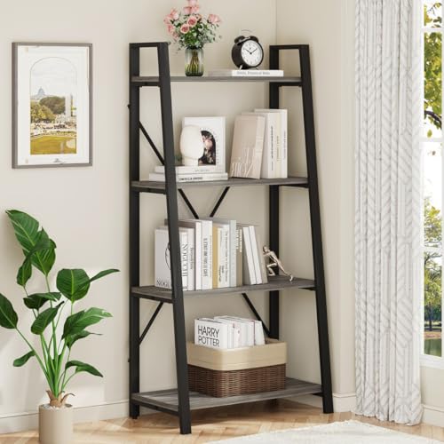 Ladder Bookshelf, 4 Tier Ladder Shelf Bookcase, Wood Leaning Book Shelves for Living Room, Bedroom, Home Office Shelving Unit (Dark Grey Oak) - color: Grey Oak, size: 4-Tier