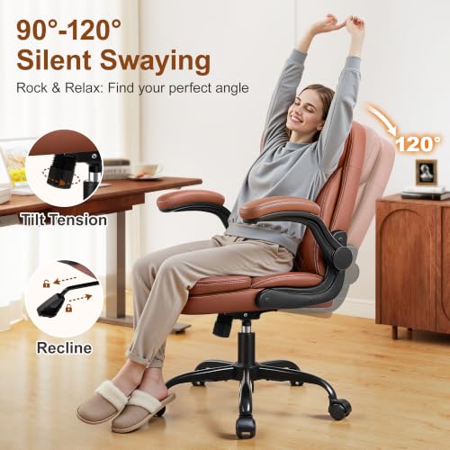HeroSet Leather Office Chair with Upgraded Double-Layer Seat Cushion and Neckrest for Short People, Brown - color: Brown