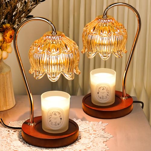 Funistree Flower Candle Warmer Lamp with Timer, Dimmable Candle Lamp Warmer, Christmas Birthday Gifts for Women Mom Her, Housewarming Home Decor, Lotus Wax Warmer for Yankee Candles - Amber-2 Pack - color: 08 Amber - 2 Pack