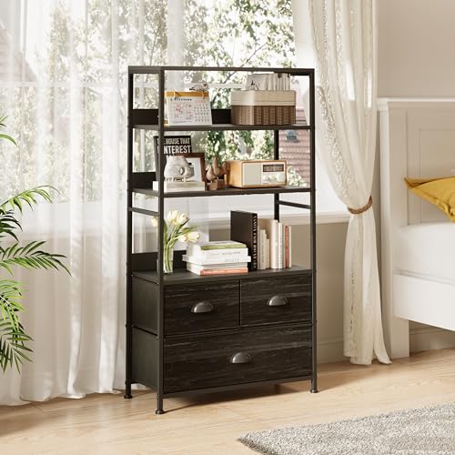 6 Tier Bookshelf, 47-Inch Small Bookcase with 3 Fabric Storage Drawers, Wood and Metal Book Shelf Storage Organizer, Industrial Display Standing Shelf Unit for Bedroom, Living Room, Black - color: Black