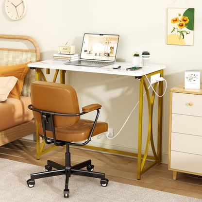 Folding Desk, 31.5" Small Desk for Bedroom with Power Outlet, Space Saving Foldable Computer Desk for Home Office, Easy Assembly, White and Gold - size: medium size02