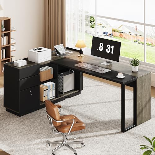 70" Executive Desk with Cabinet Storage, L-Shaped Office Desk with 3 Drawers and Shelves, Large Computer Desk Business Furniture for Home Office (Gray & Black)