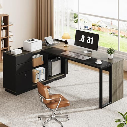 70" Executive Desk with Cabinet Storage, L-Shaped Office Desk with 3 Drawers and Shelves, Large Computer Desk Business Furniture for Home Office (Gray & Black)