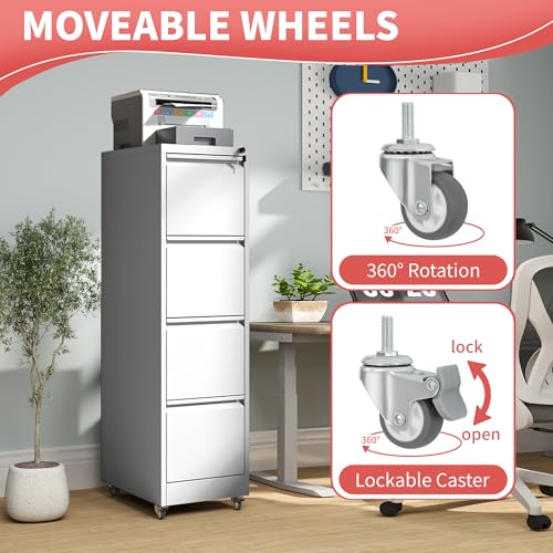IKIMI 4 Drawer Mobile File Cabinet with Lock,White Metal Filing Cabinets - color: White, size: 4 Drawers with Wheels