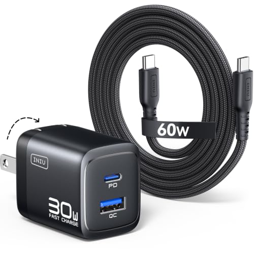 INIU USB C Charger Block, 30W GaN Fast Charging with Smart Phone Protection | Dual Port [USB C + USB A], Foldable Plug & 5ft Type C Cable for iPhone 17 16 Pro Max, iPad Air, Samsung S26 S25, Pixel Switch - color: Black, size: 1 Pack + 1 Cable