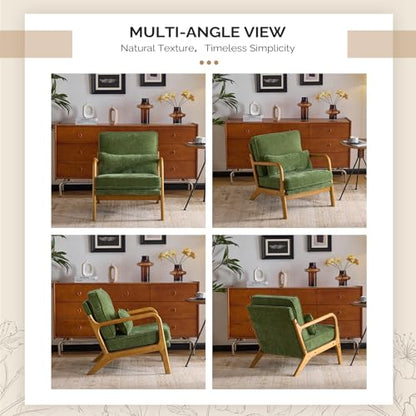 VINGLI Chenille Mid-Century Modern Accent Chair Set of 2, Cute Reading Arm Chair with Cushion & Lumbar Pillow & Solid Wood Frame for Lounge, Living Room, Reading Room, Bedroom, Olive-Green - color: Olive-green